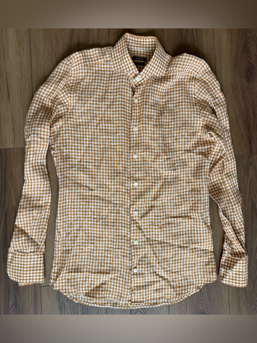 SUITSUPPLY Pure Linen Orange Formal Check Shirt Size 38/15